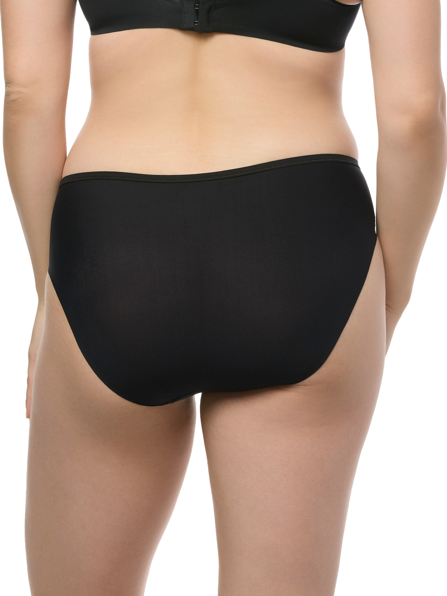 a woman wearing black hipster panties