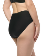 a woman wearing a black high cut brief panty french cut