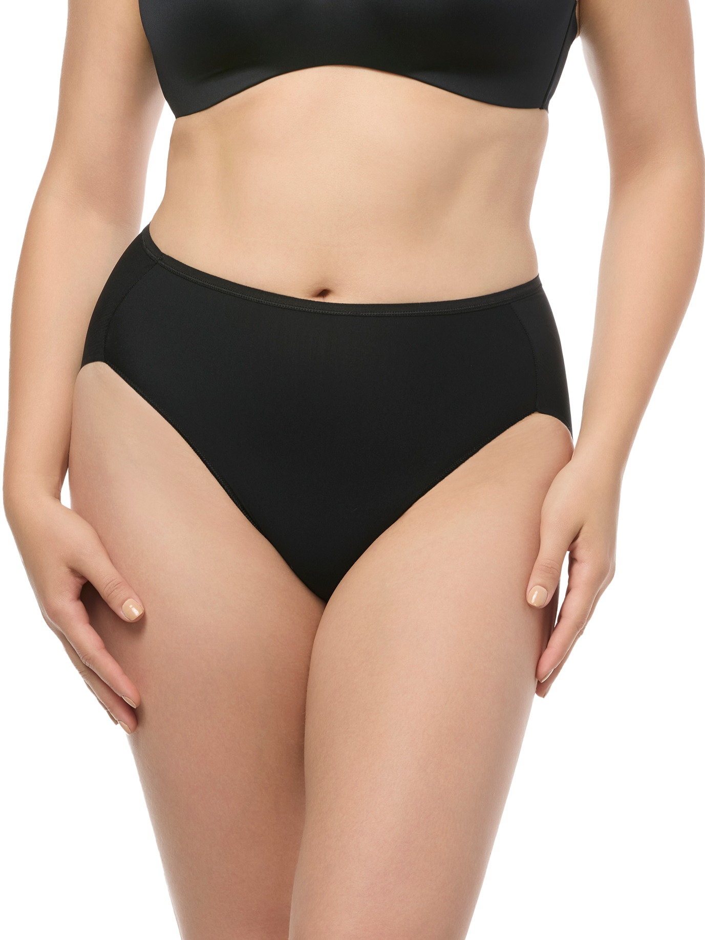 a woman wearing a black high cut brief panty french cut
