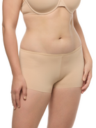 a woman wearing a beige boyshort panty underwear