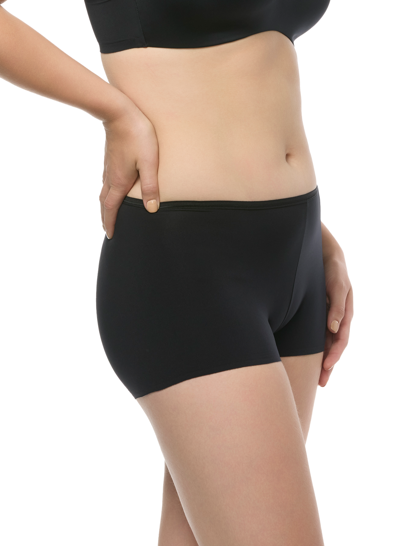 a woman wearing a beige boyshort panty underwear