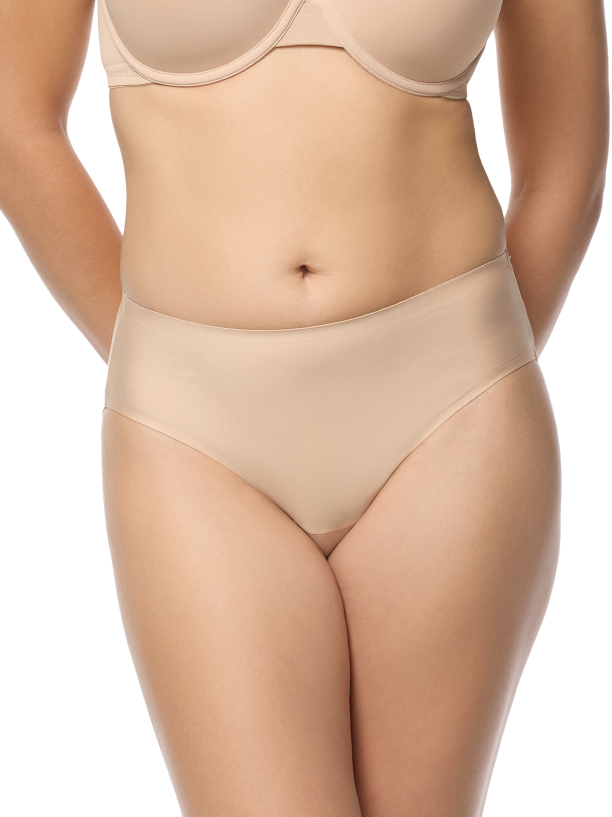 a woman wearing a beige hipster panty women's underwear