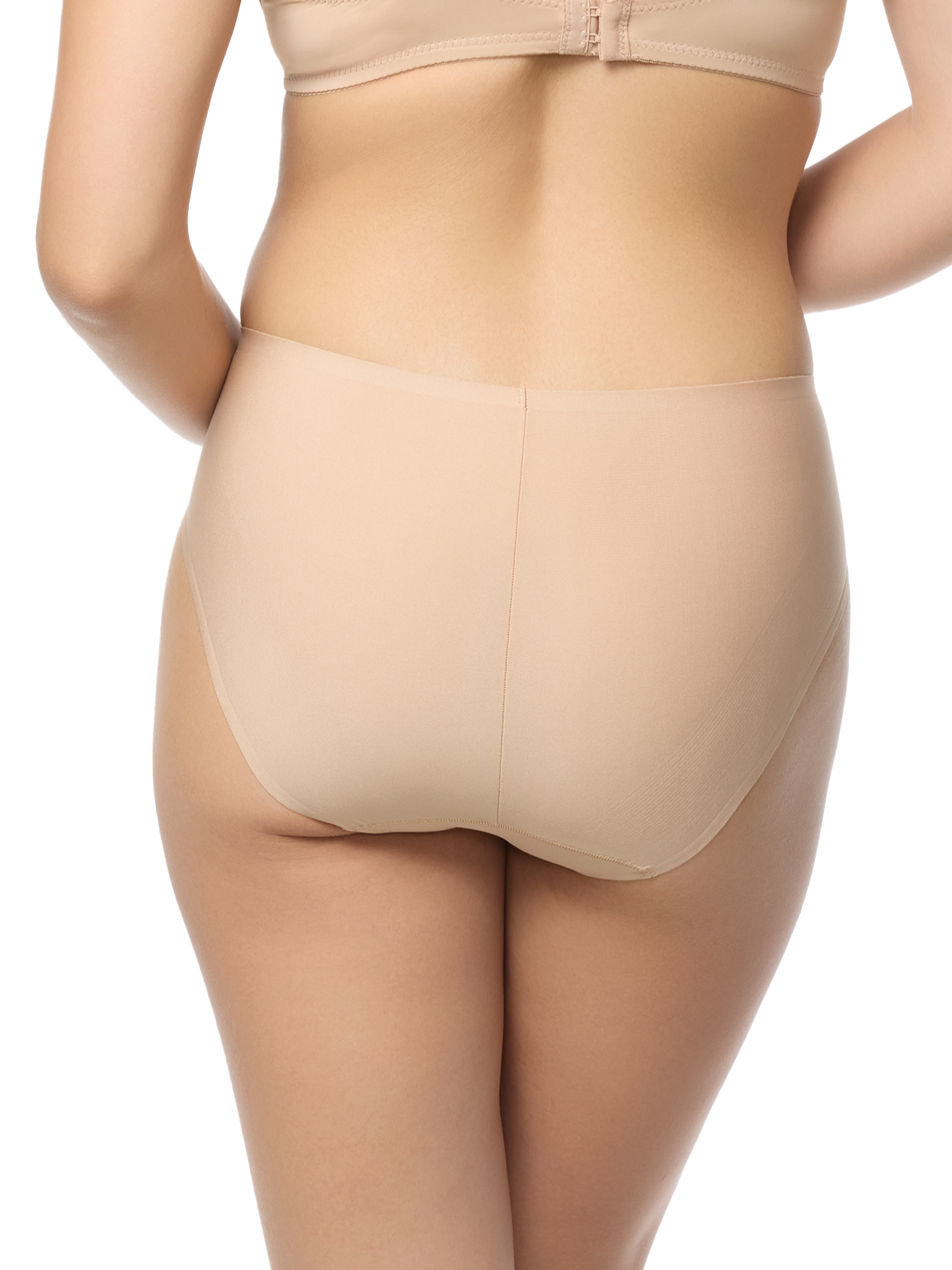 a woman wearing a beige hipster panty women's underwear