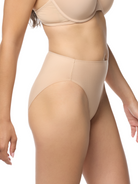 a woman wearing a black high cut hi cut french cut brief panty women's underwear