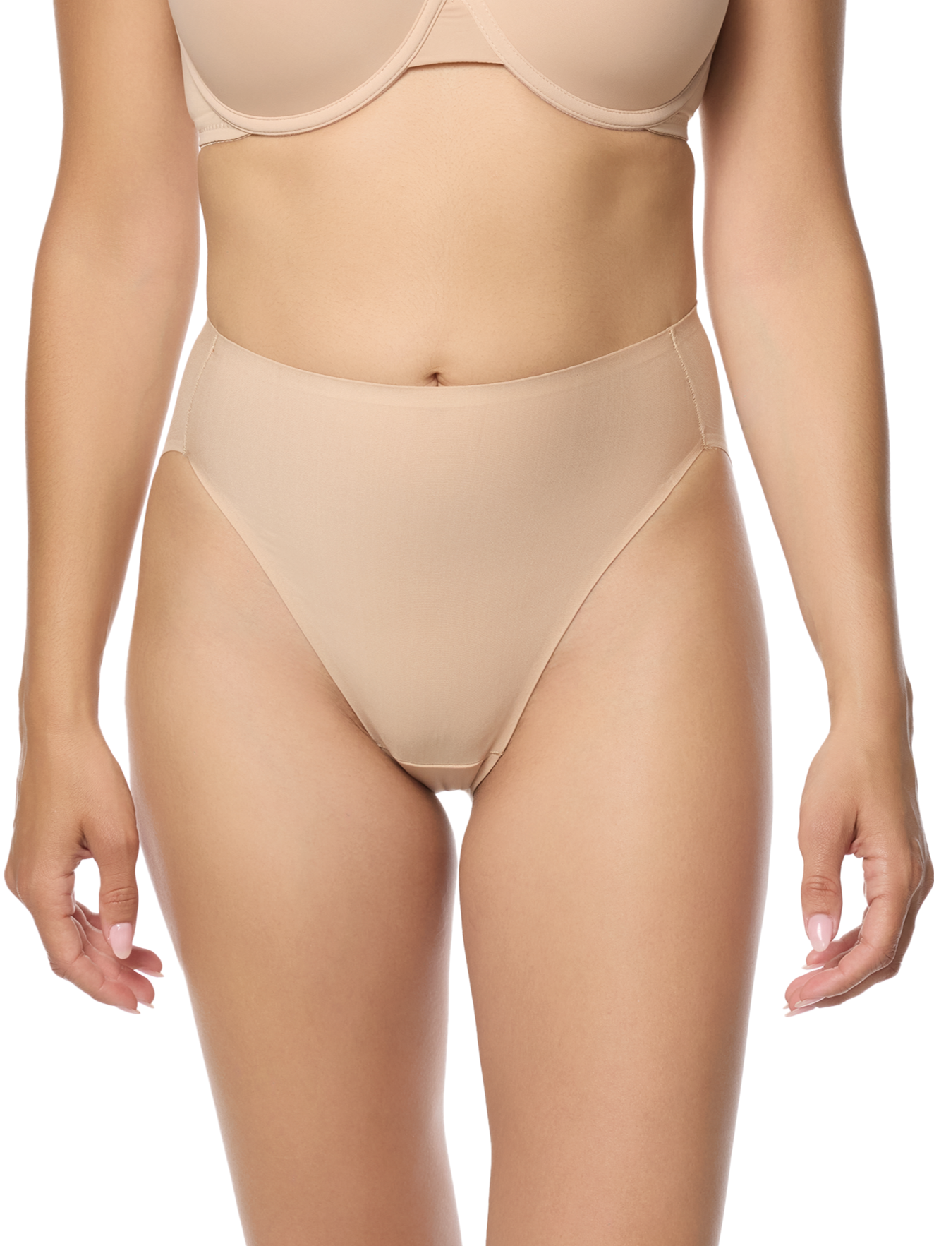 a woman wearing a beige high cut hi cut french cut brief panty women's underwear