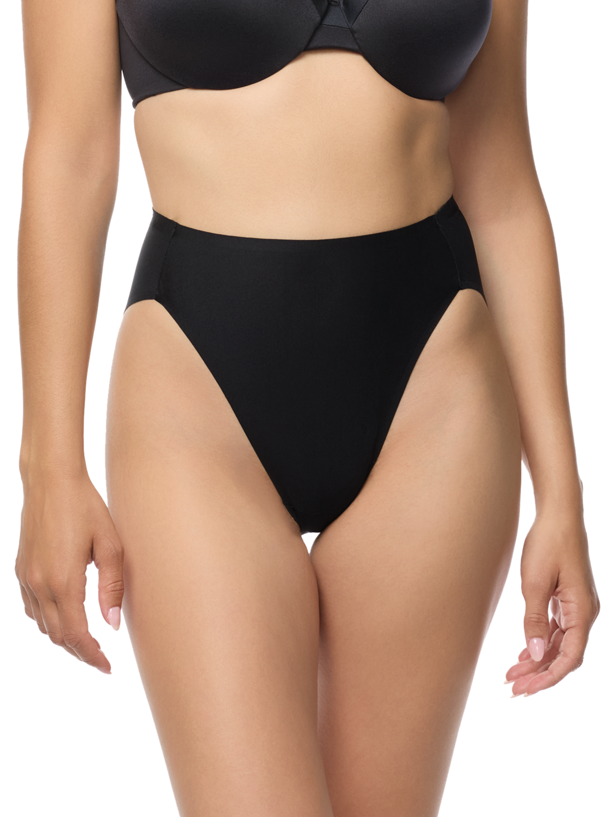 a woman wearing a black high cut hi cut french cut brief panty women's underwear