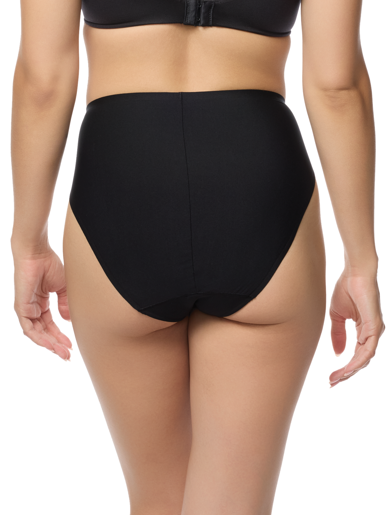 a woman wearing a black high cut hi cut french cut brief panty women's underwear