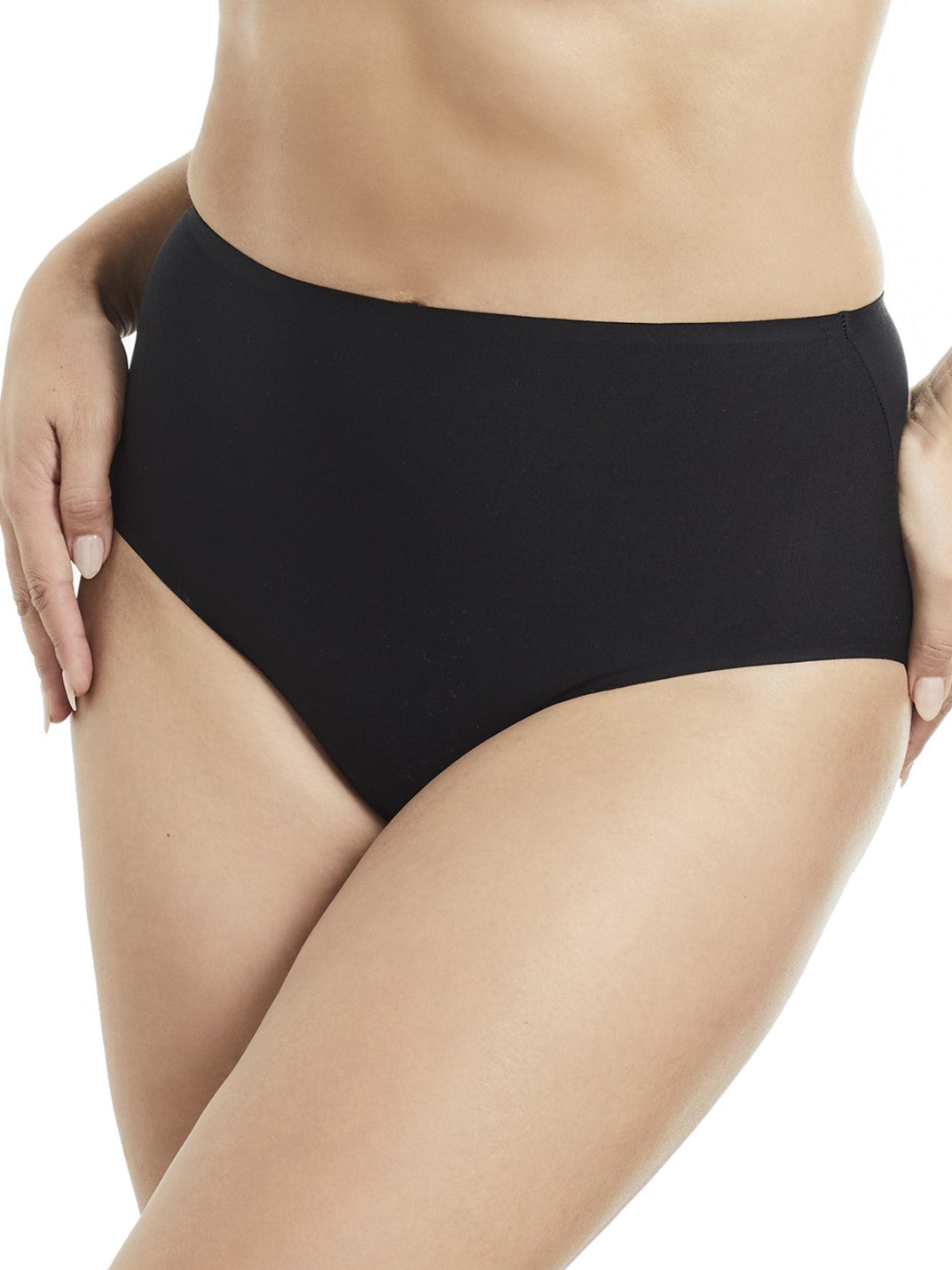 a woman wearing a black brief panty