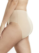 a woman wearing a beige brief panty