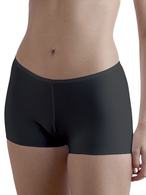 a woman wearing a black boyshort panty