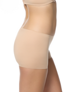a woman wearing a beige boyshort boy short panty women's underwear