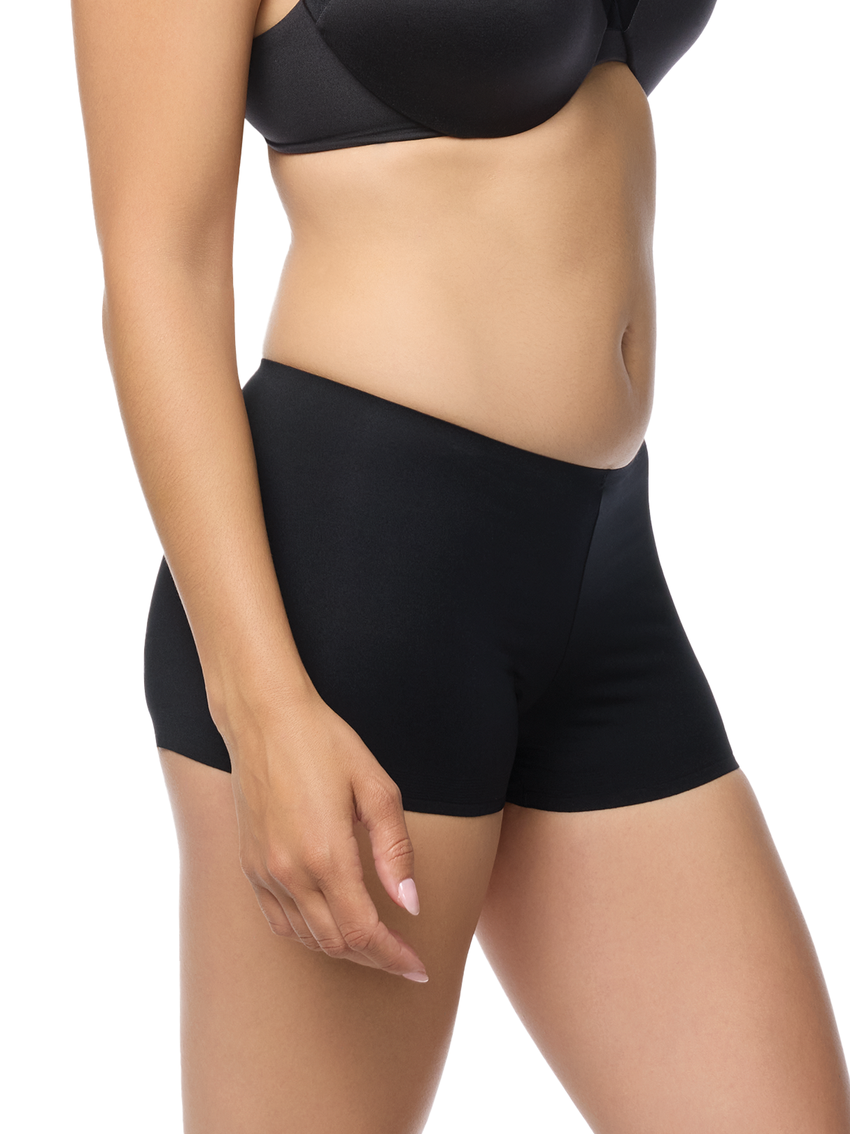 a woman wearing a black boyshort boy short panty women's underwear