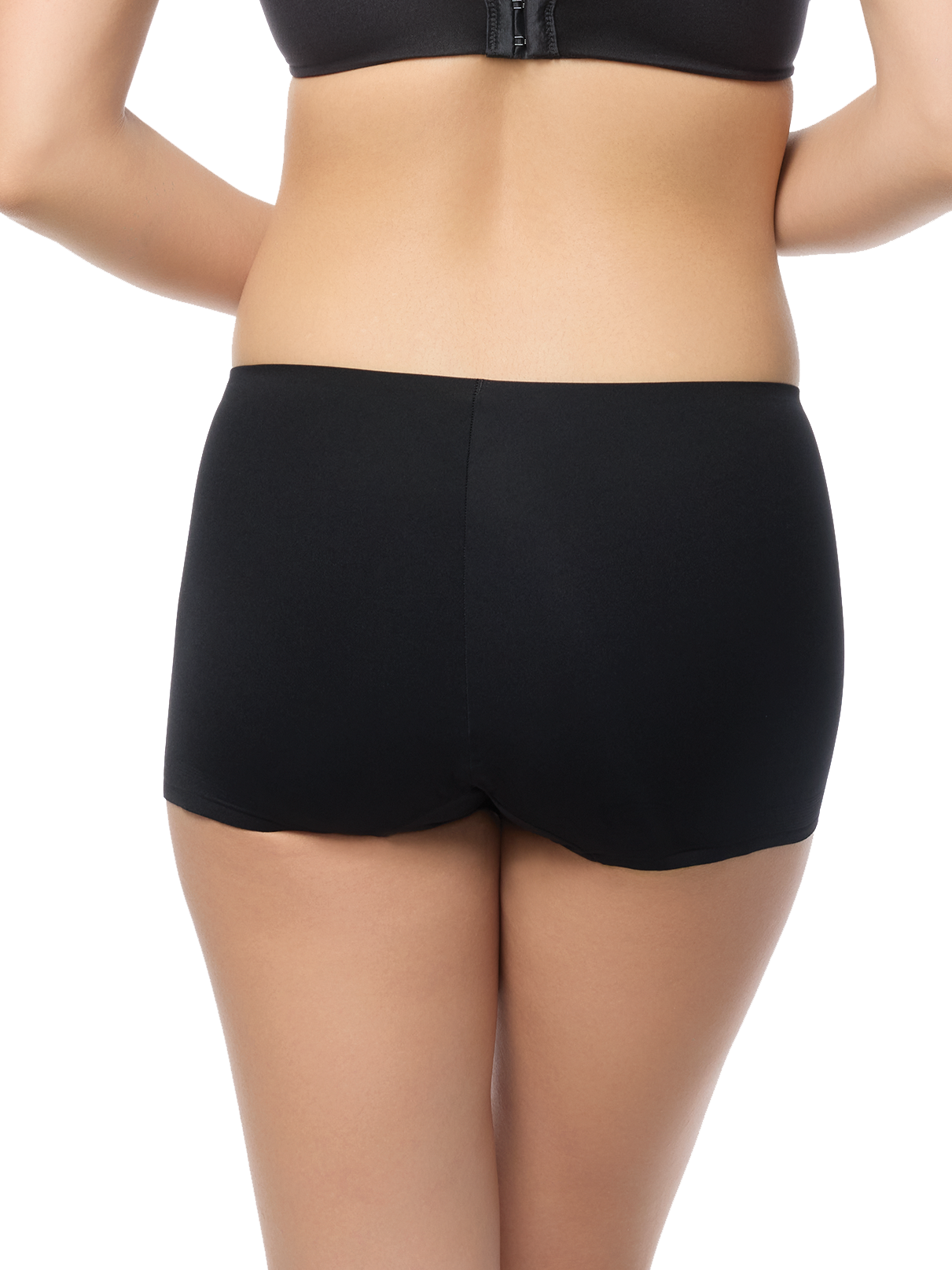 a woman wearing a black boyshort boy short panty women's underwear