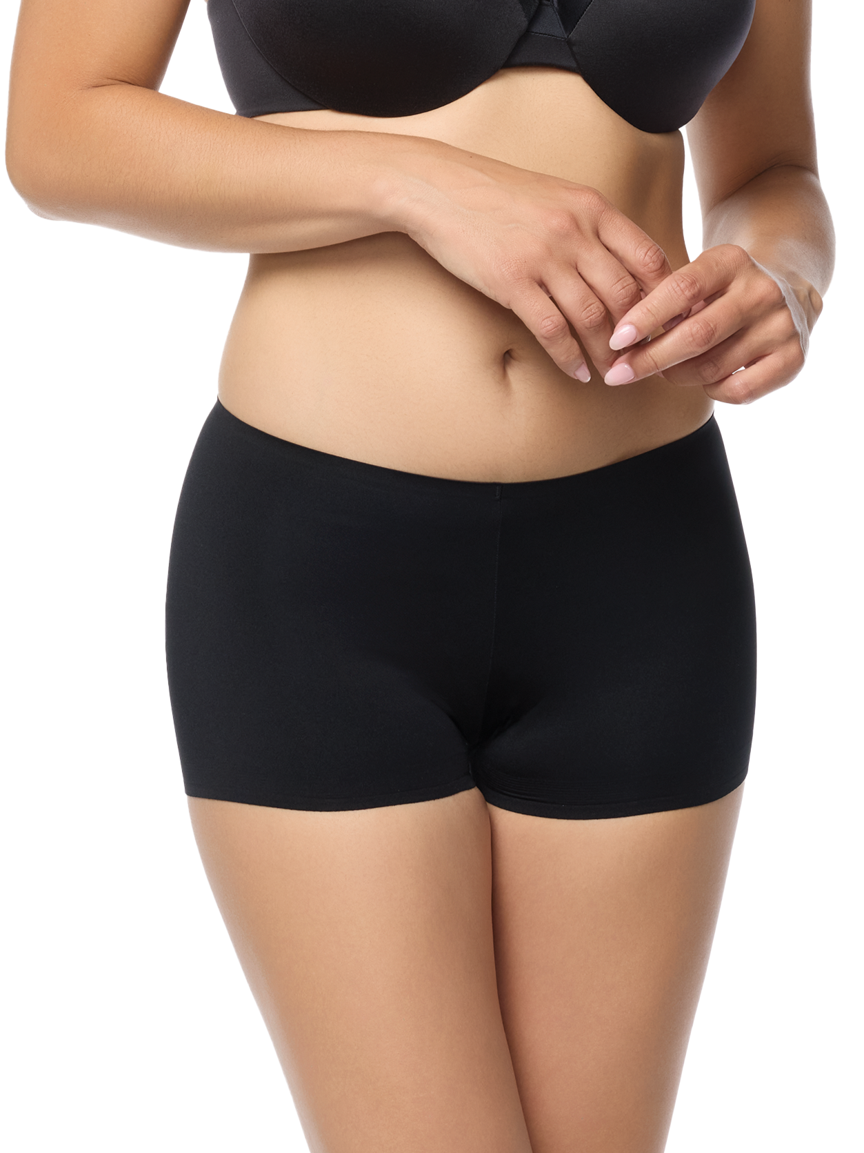 a woman wearing a black boyshort boy short panty women's underwear