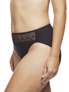 a woman wearing a black high cut brief panty