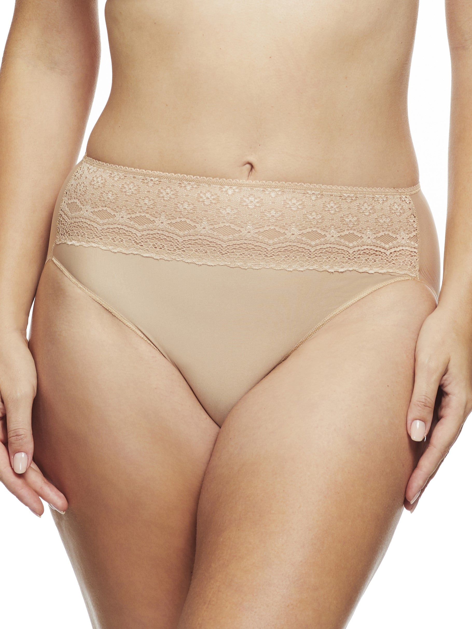 a woman wearing a nude high cut brief panty