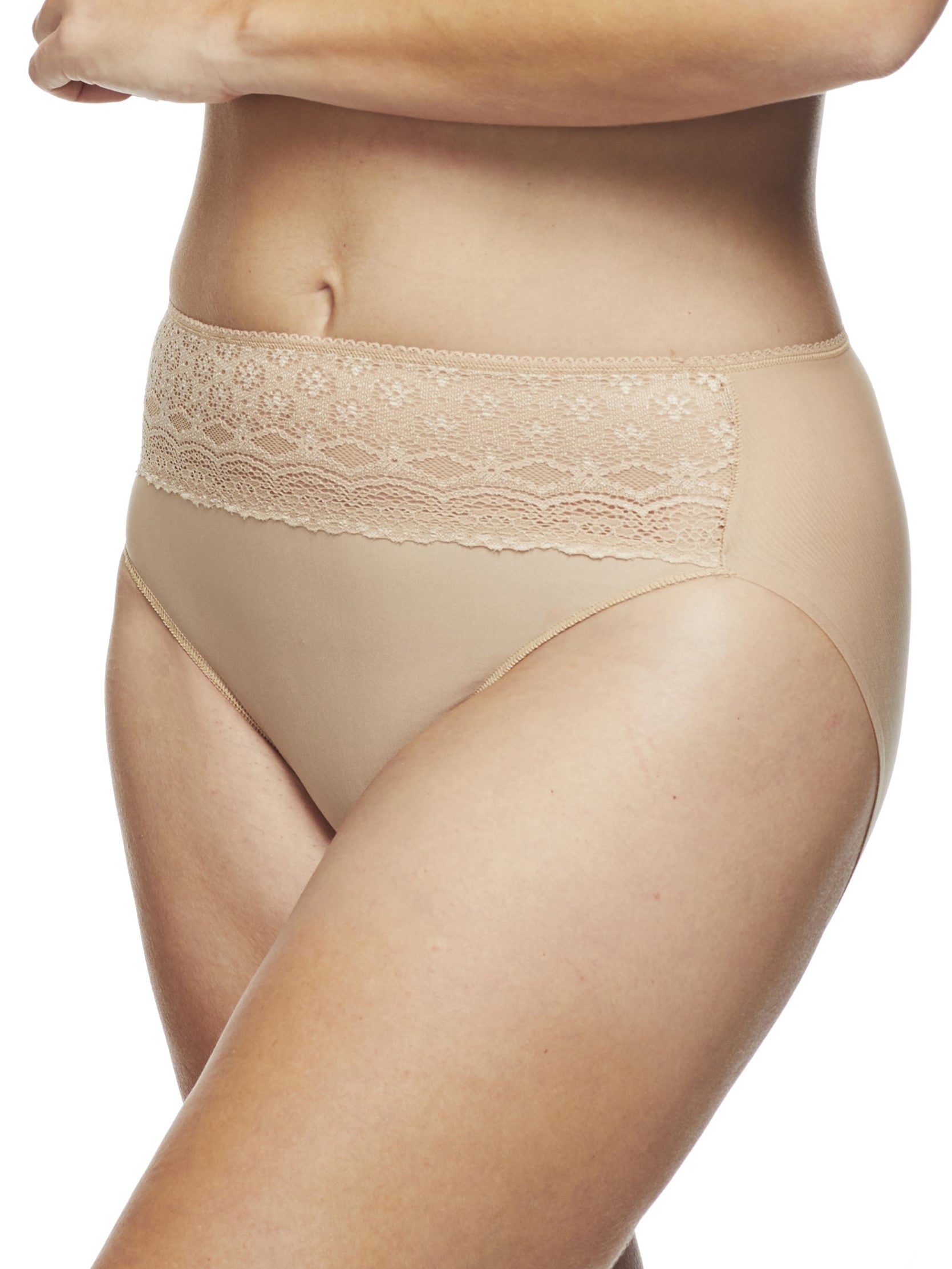 a woman wearing a beige high-cut brief panty