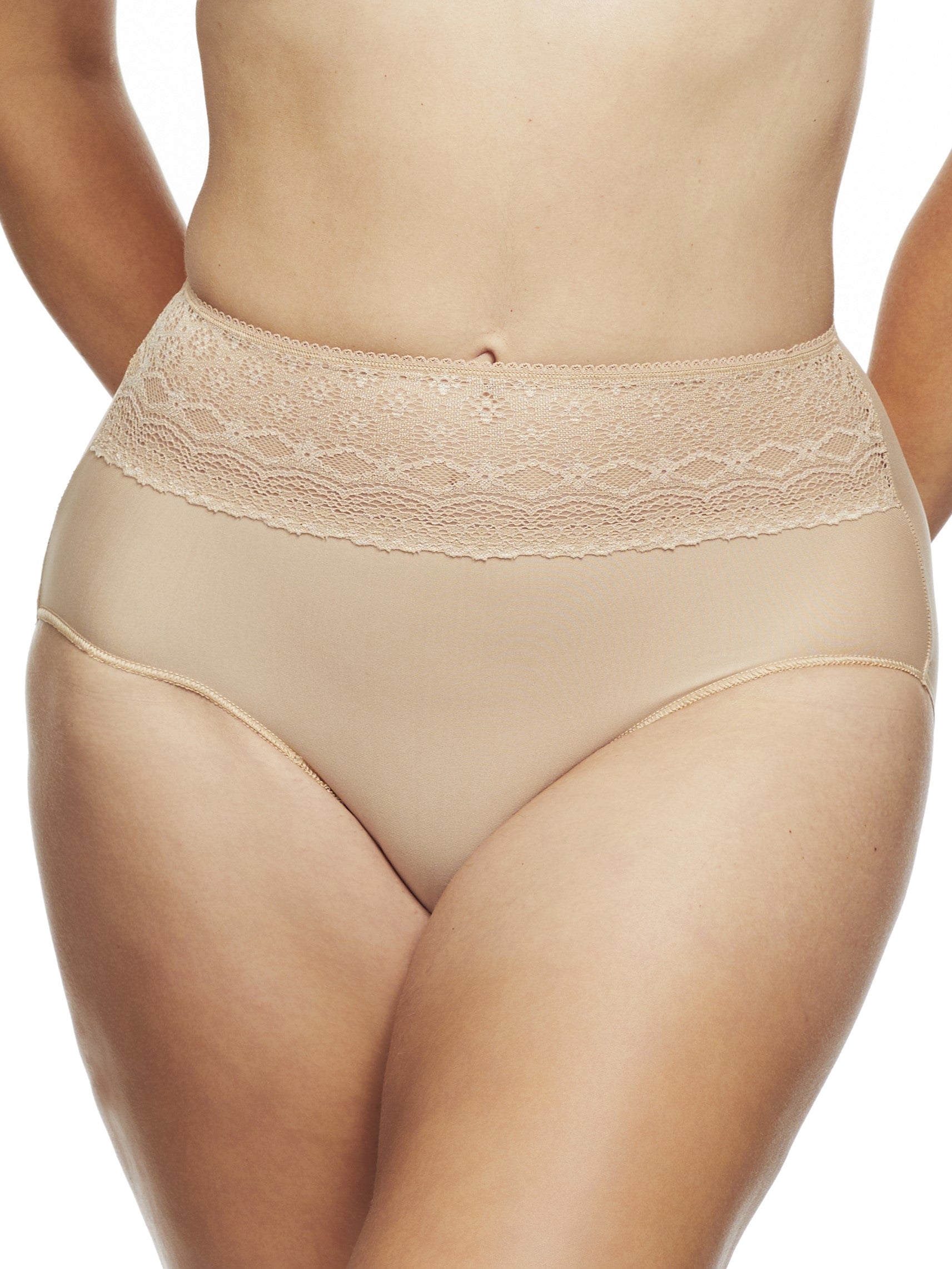 a woman wearing a beige brief panty