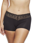 a woman wearing a black boyshort panty