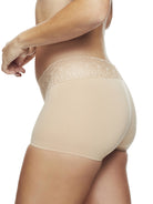 a woman wearing a nude boyshort panty