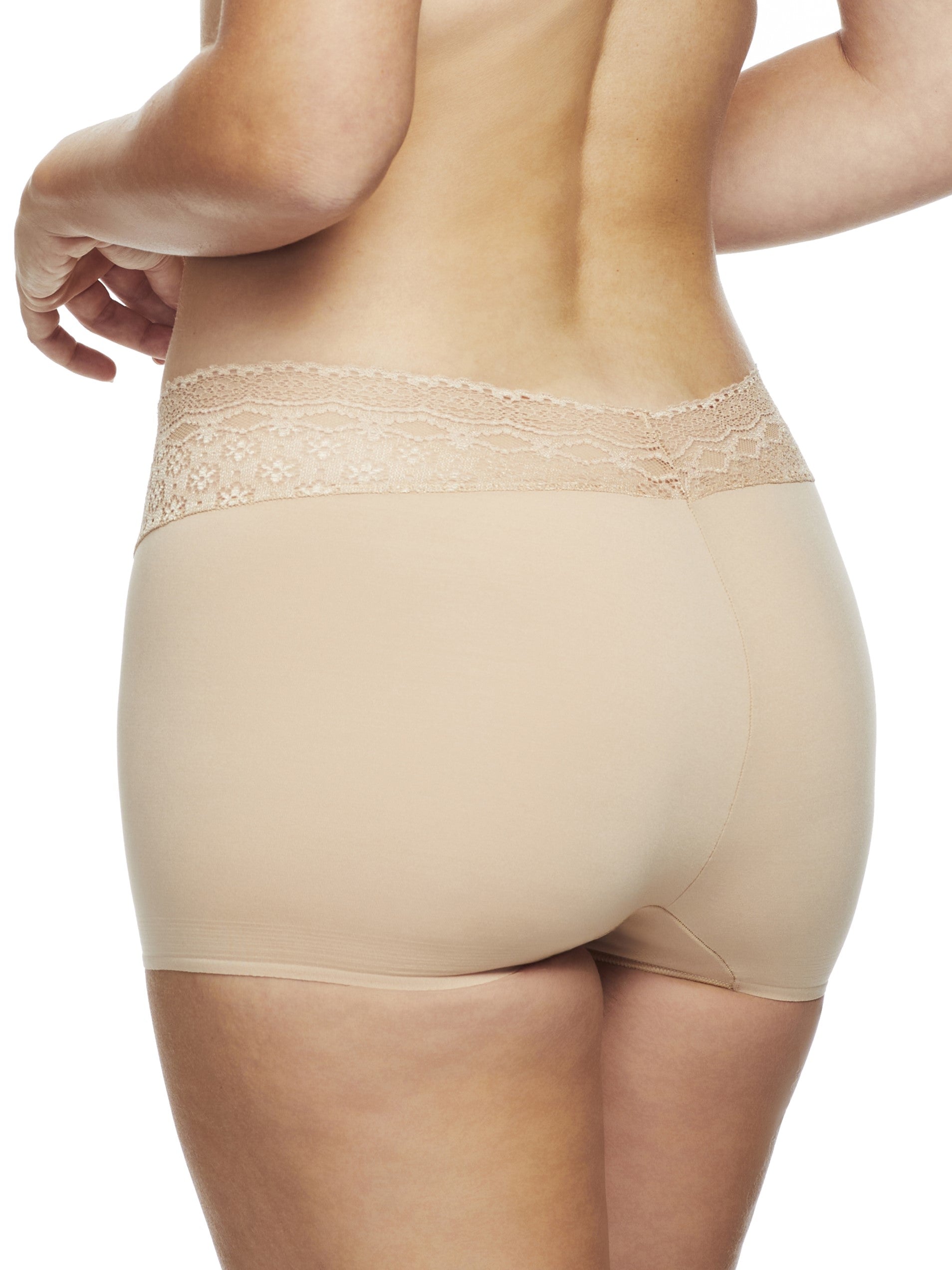 a woman wearing a nude boyshort panty