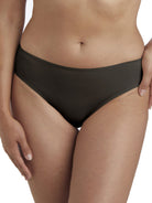 a woman wearing a black hipster panty