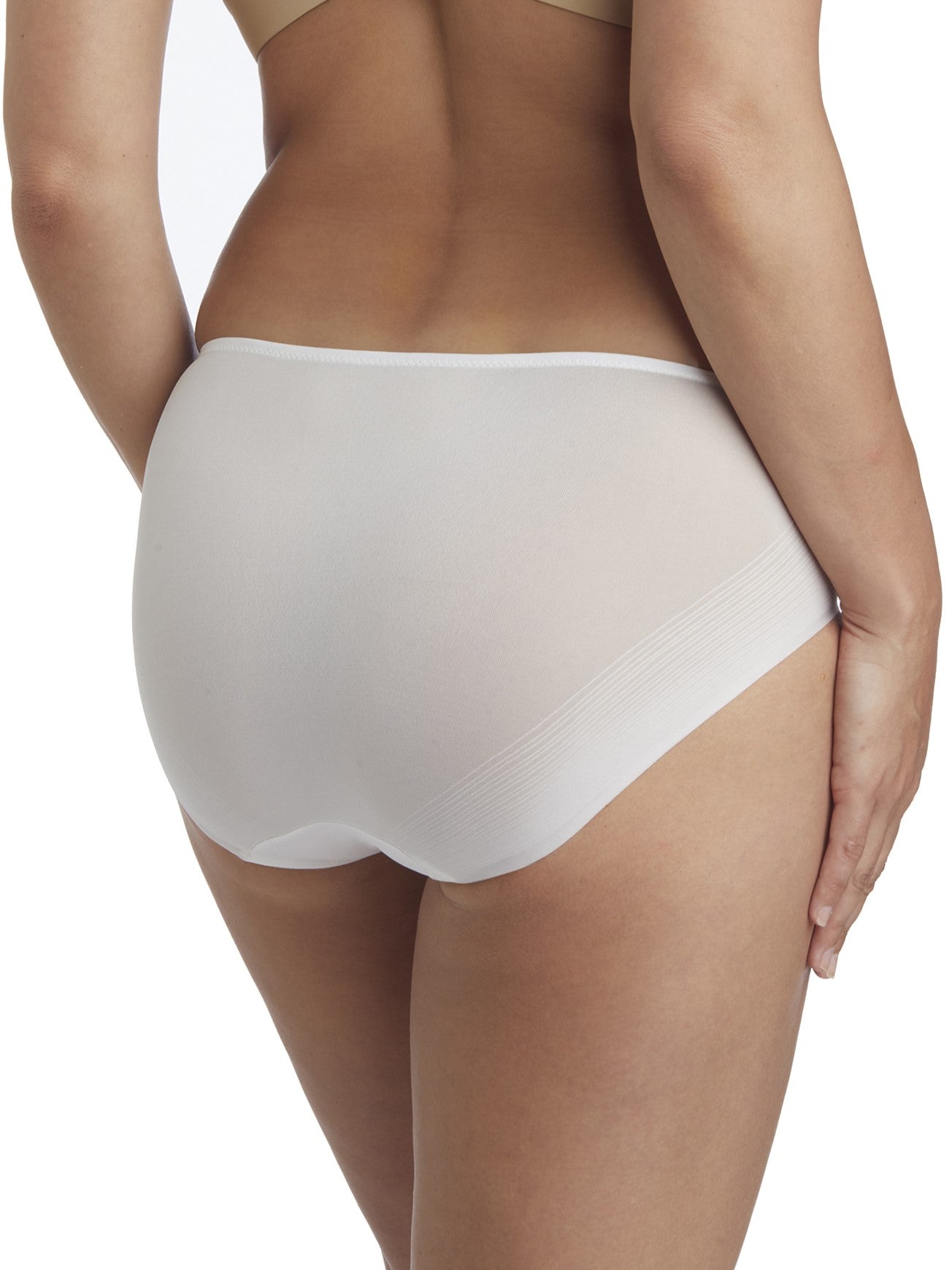 a woman wearing a white high cut brief panty