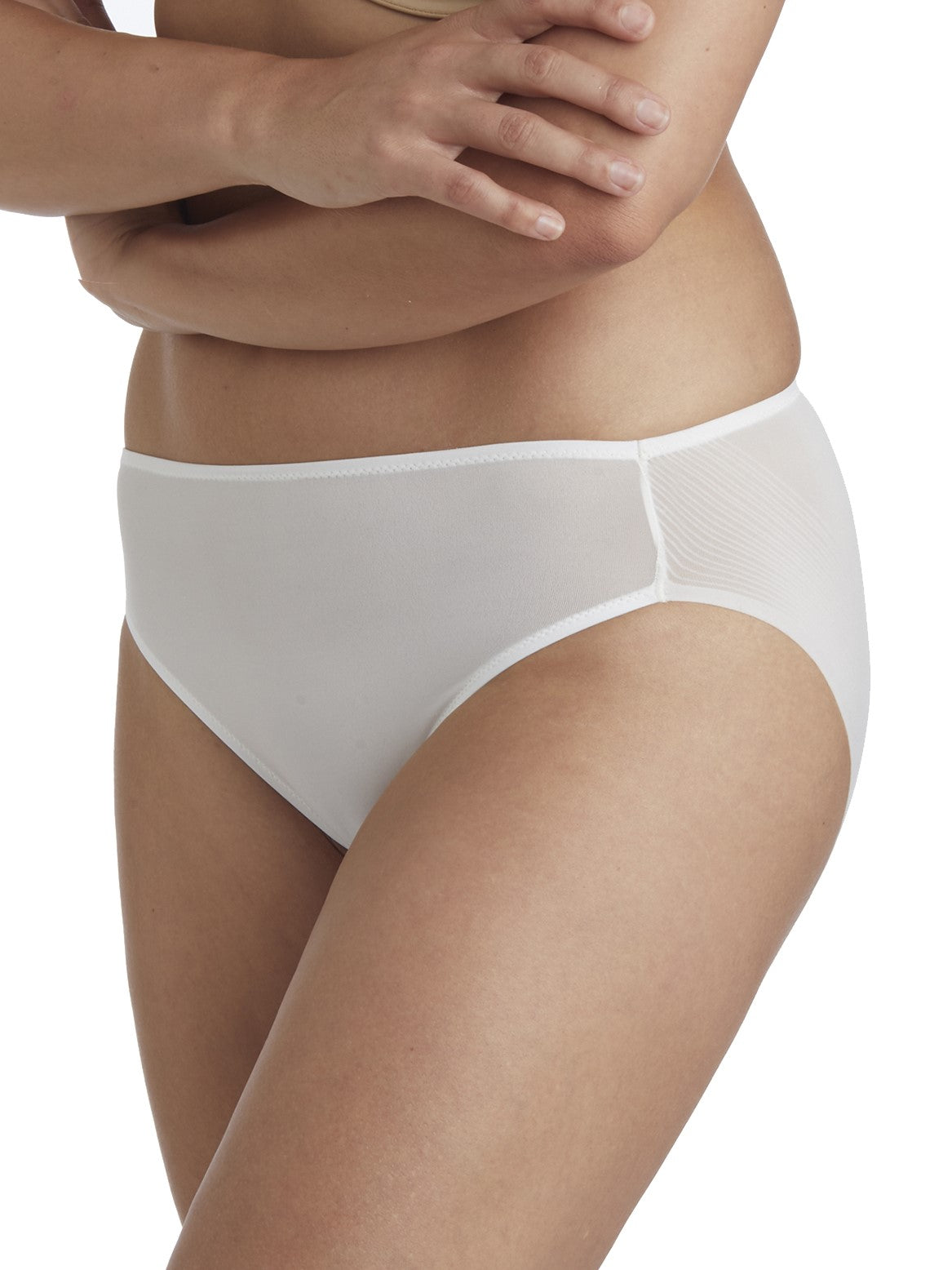 a woman wearing a white high cut brief panty