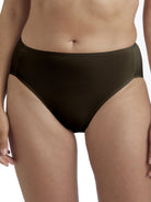 a woman wearing a black high cut brief panty