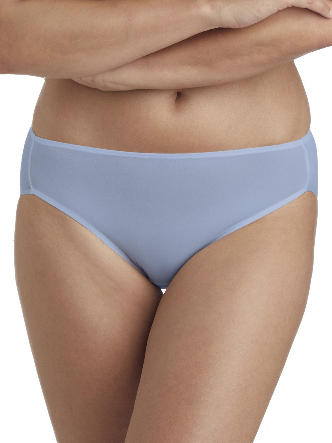 a woman wearing a blue high-cut brief panty