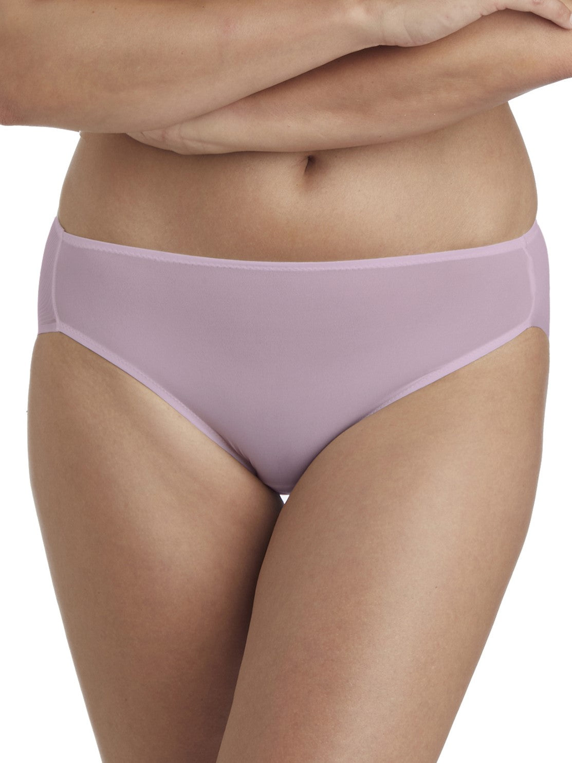 a woman wearing a purple high-cut brief panty