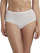 a woman wearing a white brief panty