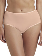 a woman wearing a pink brief panty