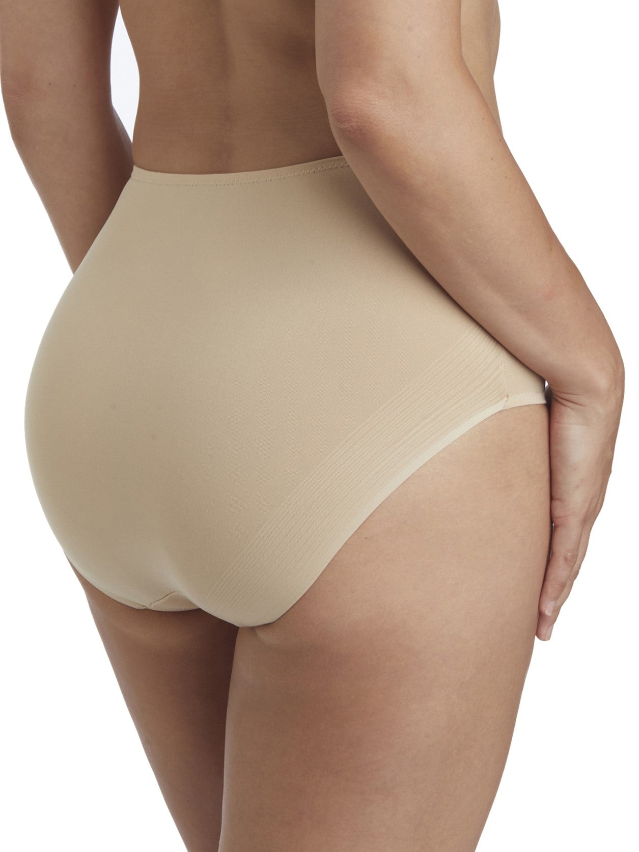 a woman wearing a beige brief panty