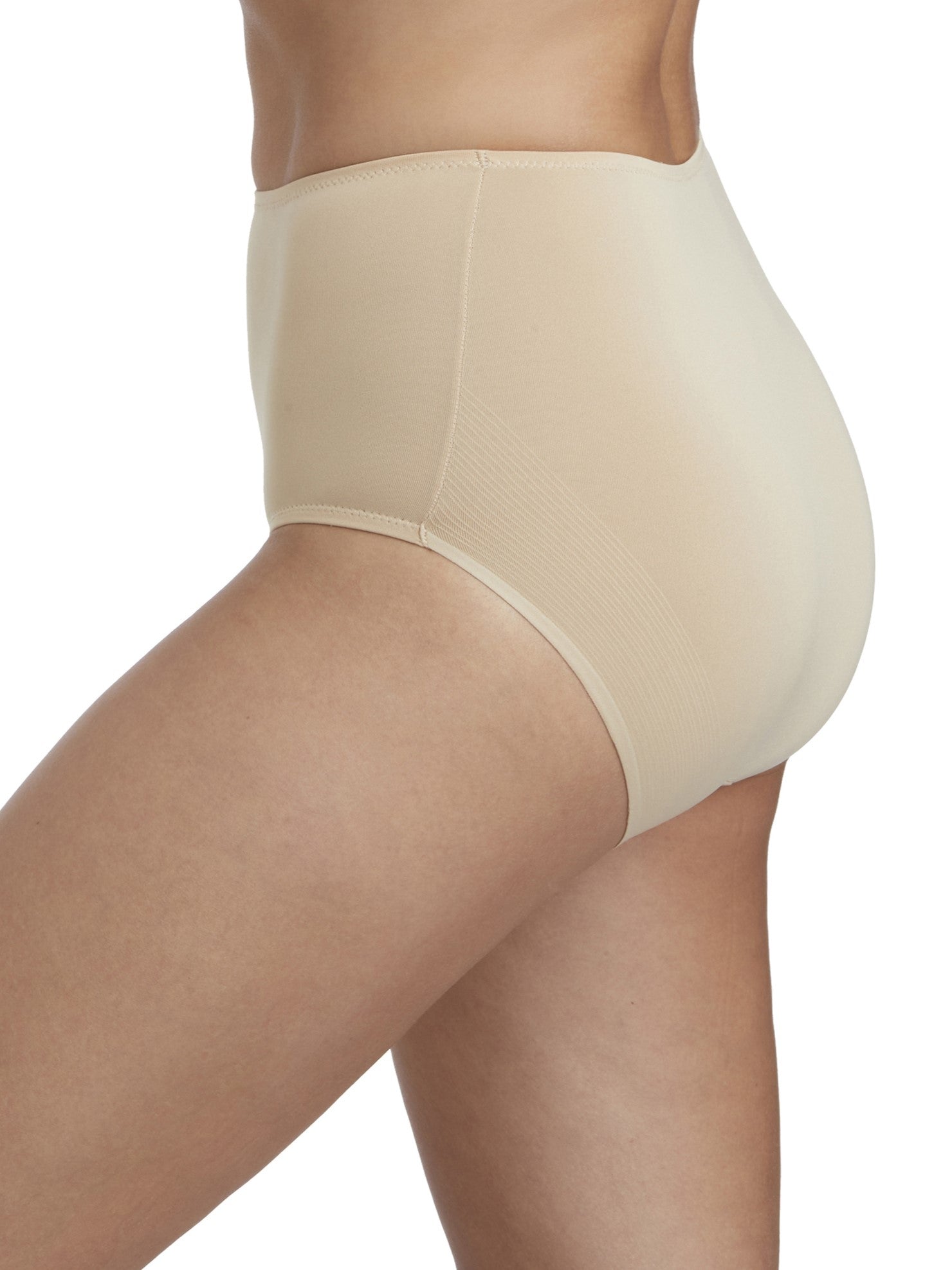 a woman wearing a beige brief panty