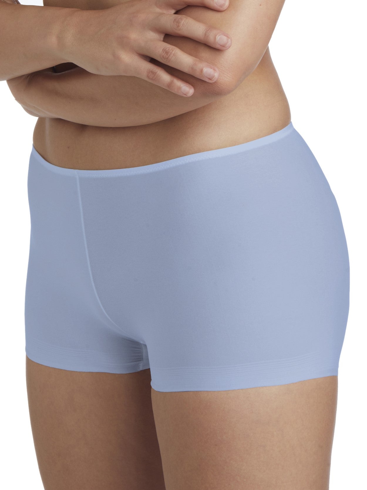 a woman wearing a blue boyshort panty