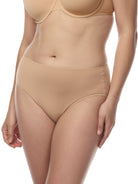 a woman wearing tan cotton blend women's high-leg brief panty