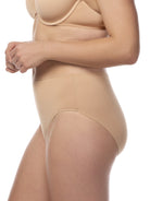 a woman wearing tan cotton blend women's high-leg brief panty