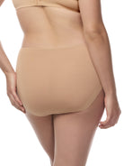 a woman wearing tan cotton blend women's high-leg brief panty
