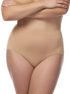 a woman wearing tan cotton blend women's brief panty