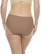 a woman wearing a tan high-cut brief panty underwear