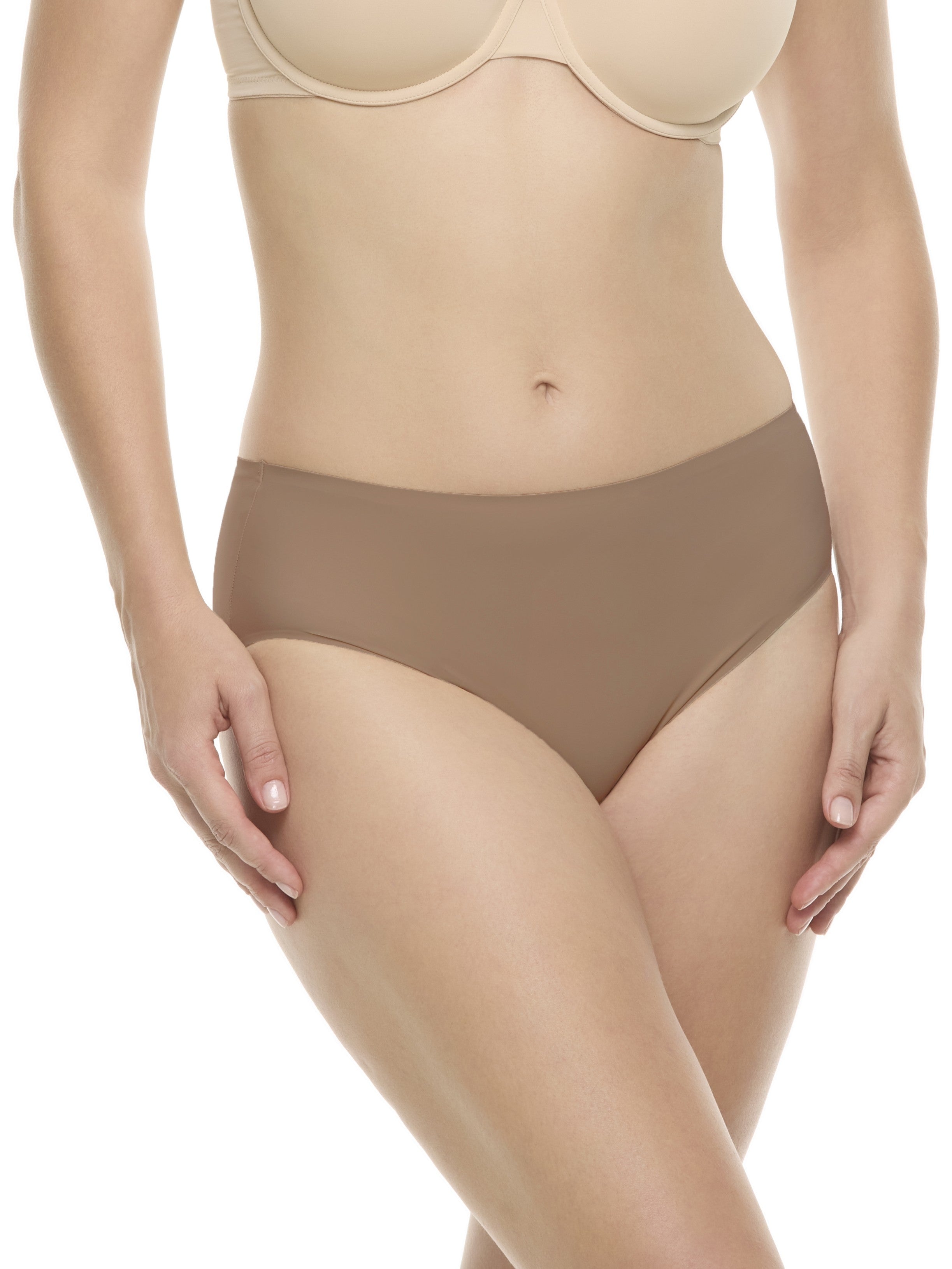 a woman wearing a tan high-cut brief panty underwear