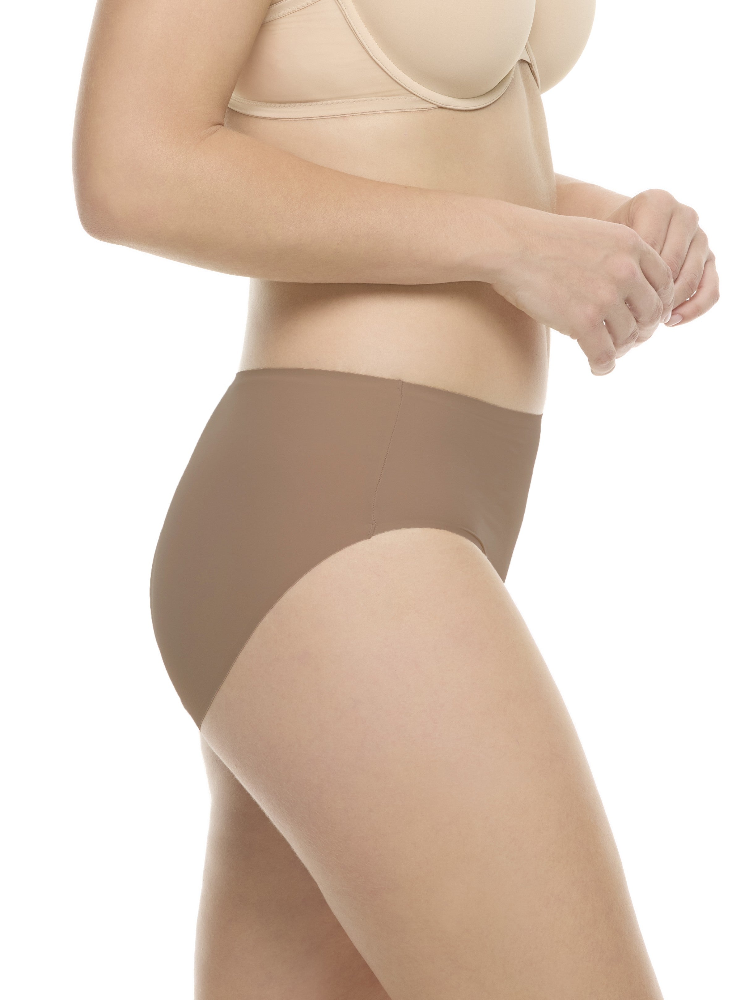 a woman wearing a tan high-cut brief panty underwear