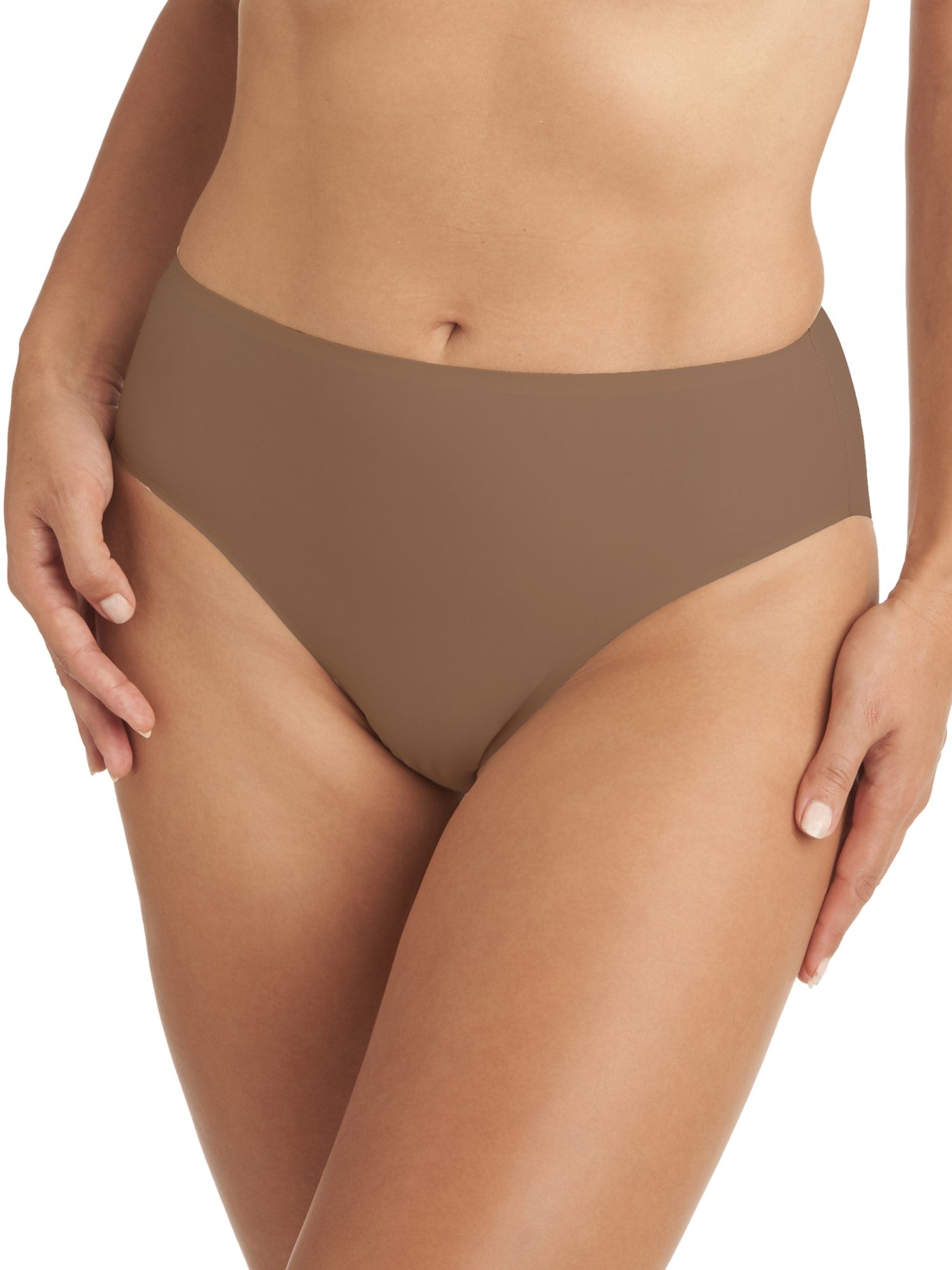 a woman wearing a brown high-cut brief panty