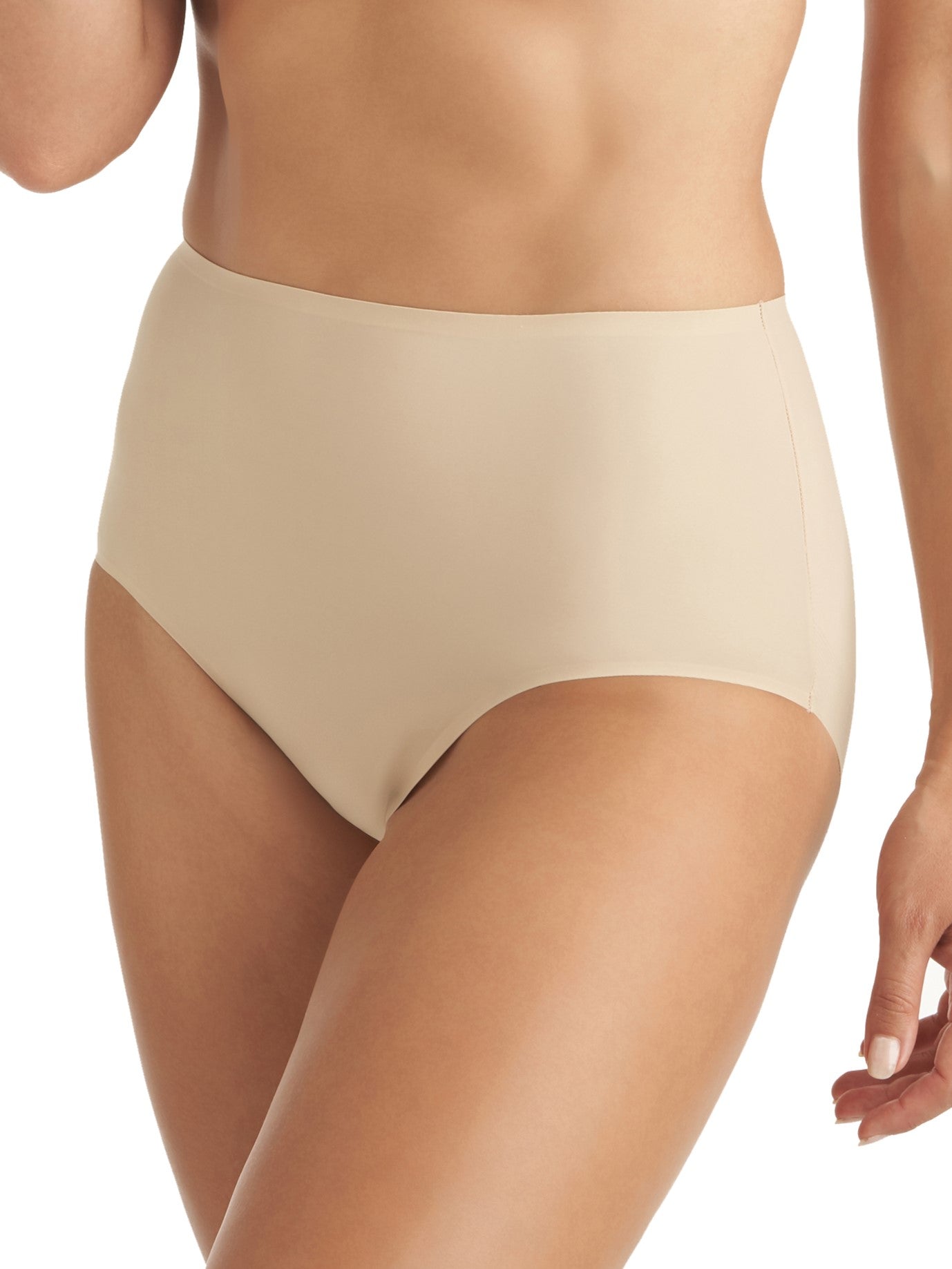 a woman wearing a beige brief panty