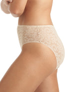 a woman wearing a nude lace high cut brief panty