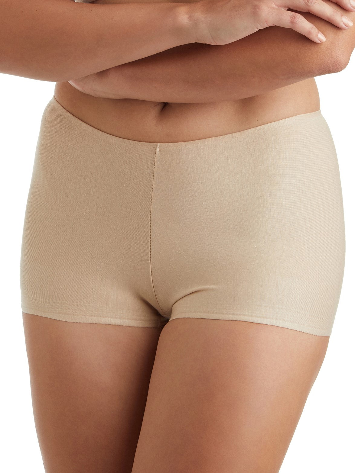 a woman wearing a nude boyshort panty