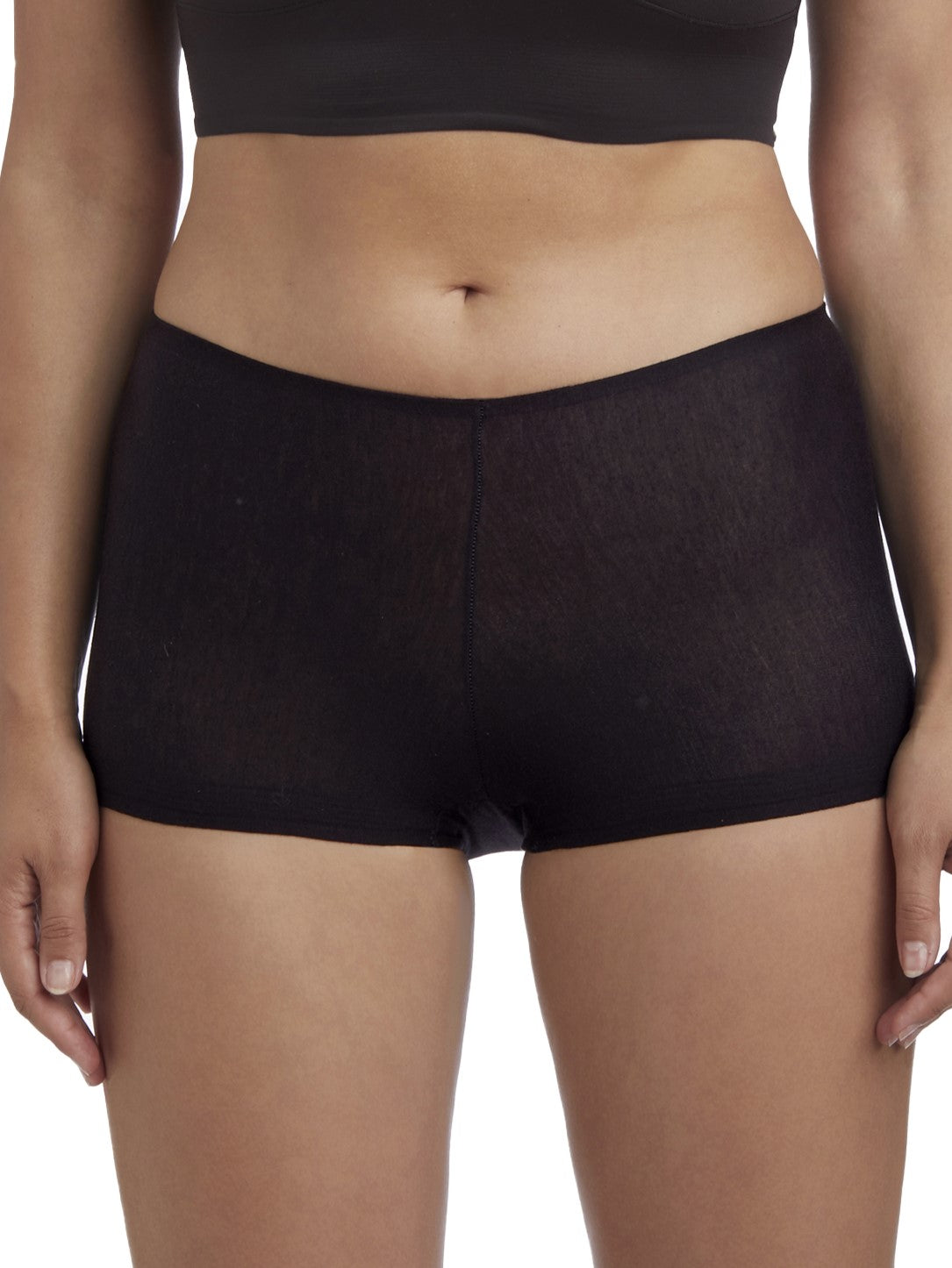 a woman wearing a black boyshort panty