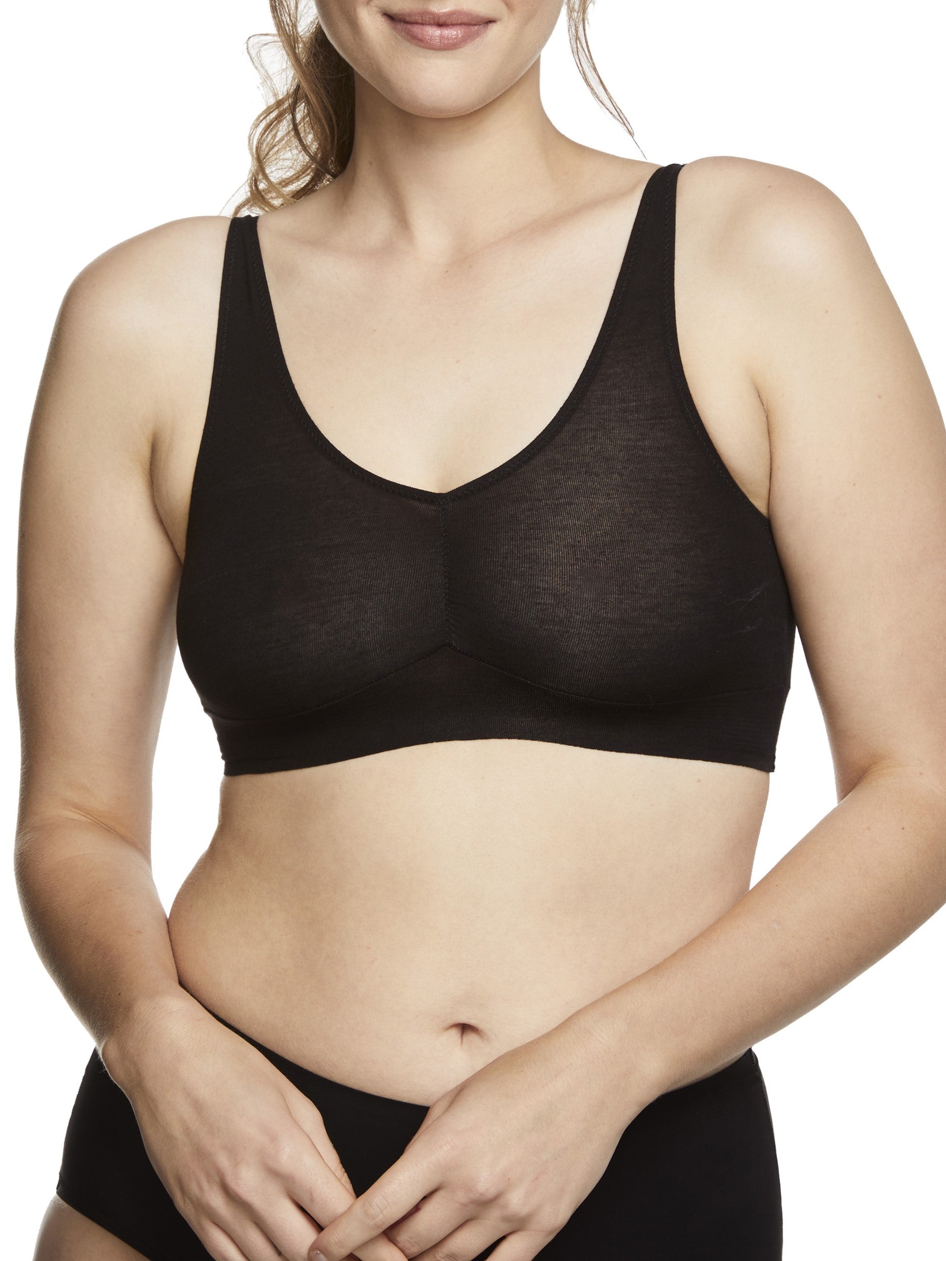 a woman wearing a black bralette