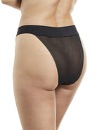 a woman wearing a black sheer tanga panty